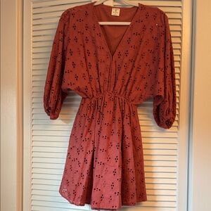 Orange Mini Sundress with Plunge Neckline and Bishop Sleeves